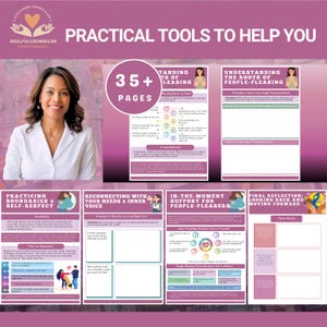 people pleasing workbook, people pleaser recovery, set boundaries workbook, self worth workbook, saying no workbook, assertiveness journal, emotional healing workbook, printable therapy workbook, self help for people pleasers, reclaim your voice, stop people pleasing, personal growth journal, trauma healing resources, inner child workbook, boundary setting