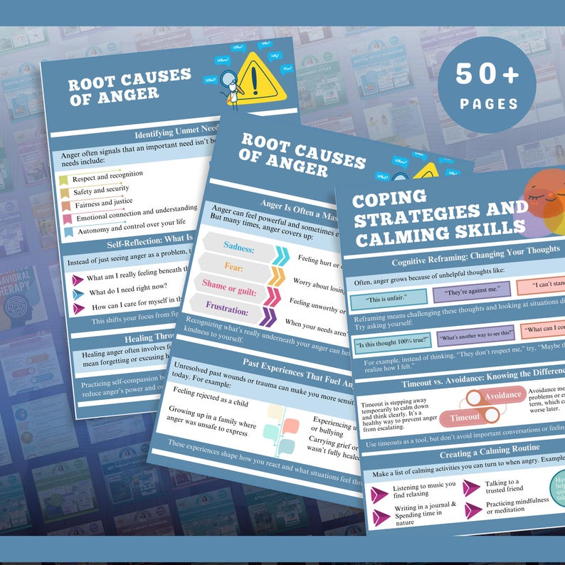 May include: A set of educational posters on anger management and coping strategies. The posters display titles such as "Root Causes of Anger" and "Coping Strategies and Calming Skills." The colour scheme is mainly blue, with yellow, orange, and purple accents. The text "50+ PAGES" is visible.
