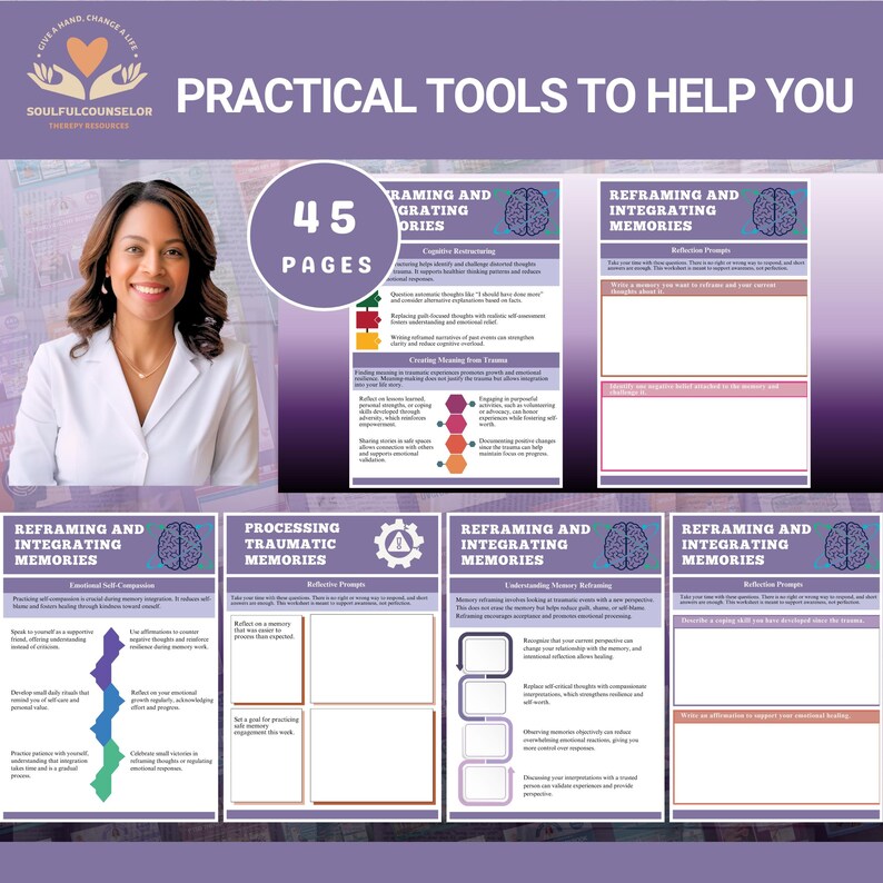 Cover image of Trauma & Memory Processing Workbook with calming colors

Sample chapter pages showing reflective worksheets for teens and adults

Printable PDF workbook for processing traumatic memories safely

Therapeutic guide for trauma recovery and emotional regulation

Workbook for reframing and integrating difficult memories