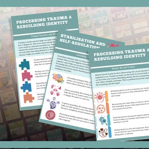 May include: Three informational cards with teal and white text on a dark background. The cards discuss processing trauma and rebuilding identity, stabilization, and self-regulation. The text includes the phrases "Trauma Narrative and Meaning" and "Identity Beyond Trauma."