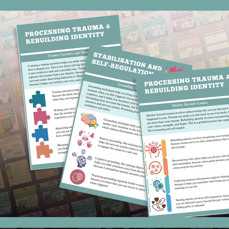 May include: Three informational cards with teal and white text on a dark background. The cards discuss processing trauma and rebuilding identity, stabilization, and self-regulation. The text includes the phrases "Trauma Narrative and Meaning" and "Identity Beyond Trauma."