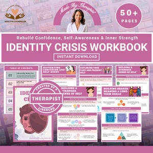 May include: A digital workbook, "Identity Crisis Workbook," offering instant download. The cover displays a therapist's image and the text "Made by Therapist." It focuses on self-awareness and confidence, with over 50 pages. Includes a table of contents.