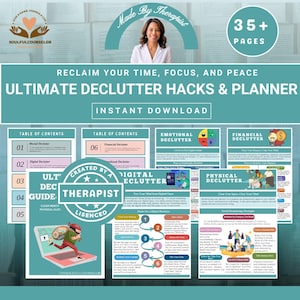 Op de afbeelding: Een digitale download met de titel "Ultimate Declutter Hacks & Planner" met de tekst "Reclaim Your Time, Focus, and Peace". Het ontwerp bevat een foto van een vrouw, afbeeldingen en de woorden "Instant Download". De planner behandelt mentale, digitale, emotionele, financiële en fysieke ontrommeling.