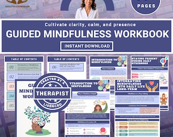 May include: A guided mindfulness workbook with the text "Guided Mindfulness Workbook" and "Instant Download". The cover features a woman's image and the text "Made by Therapist". The workbook includes sections on mindfulness and stress management.
