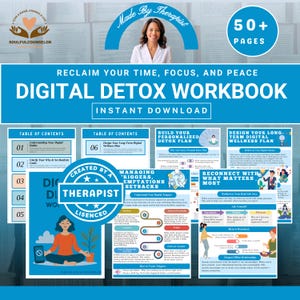Puede incluir: Un cuaderno de trabajo de desintoxicación digital titulado "Digital Detox Workbook" con el texto "Reclaim Your Time, Focus, and Peace". El cuaderno de trabajo incluye secciones sobre bienestar digital, gestión de desencadenantes y reconexión con lo que más importa. La portada presenta a una mujer y el texto "Made by Therapist."
