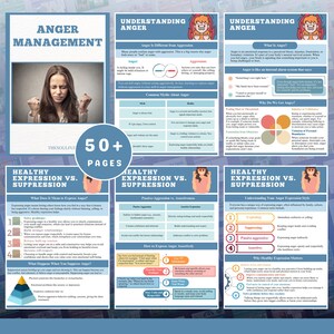 May include: A multi-page guide on anger management. The cover features a woman with her hands clasped, with the title "ANGER MANAGEMENT". The guide includes sections on understanding anger, healthy expression vs. suppression, and how to express anger assertively.