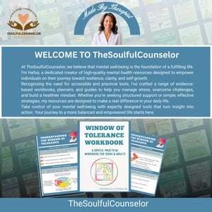以下が含まれることがあります： TheSoulfulCounselorのプロモーション画像。女性とワークブックが写っています。「WELCOME TO TheSoulfulCounselor」と「WINDOW OF TOLERANCE WORKBOOK」の文字が含まれています。ワークブックは10代と大人向けに設計されています。