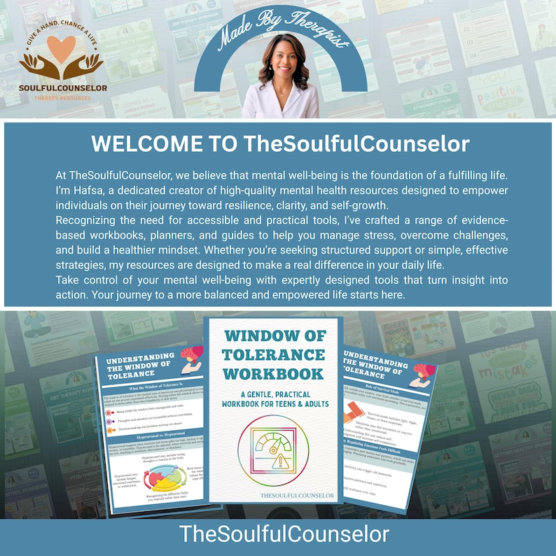 以下が含まれることがあります： TheSoulfulCounselorのプロモーション画像。女性とワークブックが写っています。「WELCOME TO TheSoulfulCounselor」と「WINDOW OF TOLERANCE WORKBOOK」の文字が含まれています。ワークブックは10代と大人向けに設計されています。