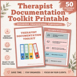 Peut inclure: Un kit de documentation pour thérapeute imprimable de 50 pages comprenant une page de couverture avec quatre classeurs colorés et une liste de documents incluant l'admission, l'évaluation diagnostique, l'examen de l'état mental et les notes.