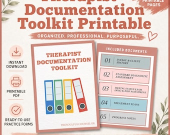 May include: A 50-page printable therapist documentation toolkit featuring a cover page with four coloured binders and a document list including intake, diagnostic assessment, mental status exam, risk assessment, treatment plans, and progress notes.