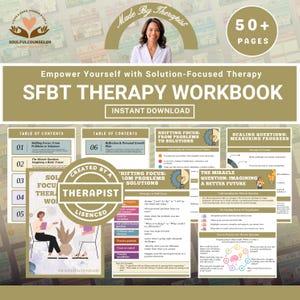Puede incluir: Un cuaderno de trabajo titulado "SFBT THERAPY WORKBOOK" con el texto "Empodérate con la terapia centrada en soluciones". La portada presenta a una mujer y el texto "Made by Therapist". Incluye secciones sobre cambio de enfoque, preguntas de escala e imaginación de un futuro mejor.