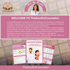 May include: A promotional image for TheSoulfulCounselor, featuring a woman and text. The image includes the text "WELCOME TO TheSoulfulCounselor" and "SHADOW WORK A GUIDE TO SELF-DISCOVERY AND GROWTH". The image also includes other workbooks and guides.