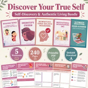 Puede incluir: Un paquete digital titulado Discover Your True Self que incluye cinco libros de ejercicios, entre ellos Shadow Work, Identity Crisis, Rewriting Core Beliefs, Motivational Interviewing y Ultimate Declutter Guide, con un total de 240 páginas en formato PDF imprimible.