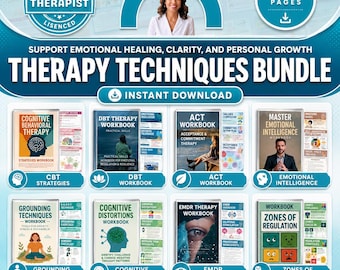 May include: A digital therapy techniques bundle featuring 380+ pages of workbooks including CBT, DBT, ACT, emotional intelligence, grounding techniques, cognitive distortions, EMDR, and zones of regulation, with text labels for each specific workbook.