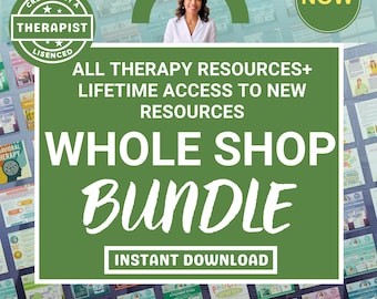 Może przedstawiać: Zielona grafika z tekstem "WHOLE SHOP BUNDLE" i "INSTANT DOWNLOAD". Obraz zawiera również tekst "ALL THERAPY RESOURCES + LIFETIME ACCESS TO NEW RESOURCES". Obraz przedstawia zdjęcie kobiety i tekst "Made By Therapist".