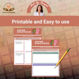 May include: Printable worksheets titled "Coping Strategies" with prompts for self-reflection. The worksheets feature a brain graphic with gears and text that reads "Printable and Easy to use". A pencil rests on the corner of the worksheets.