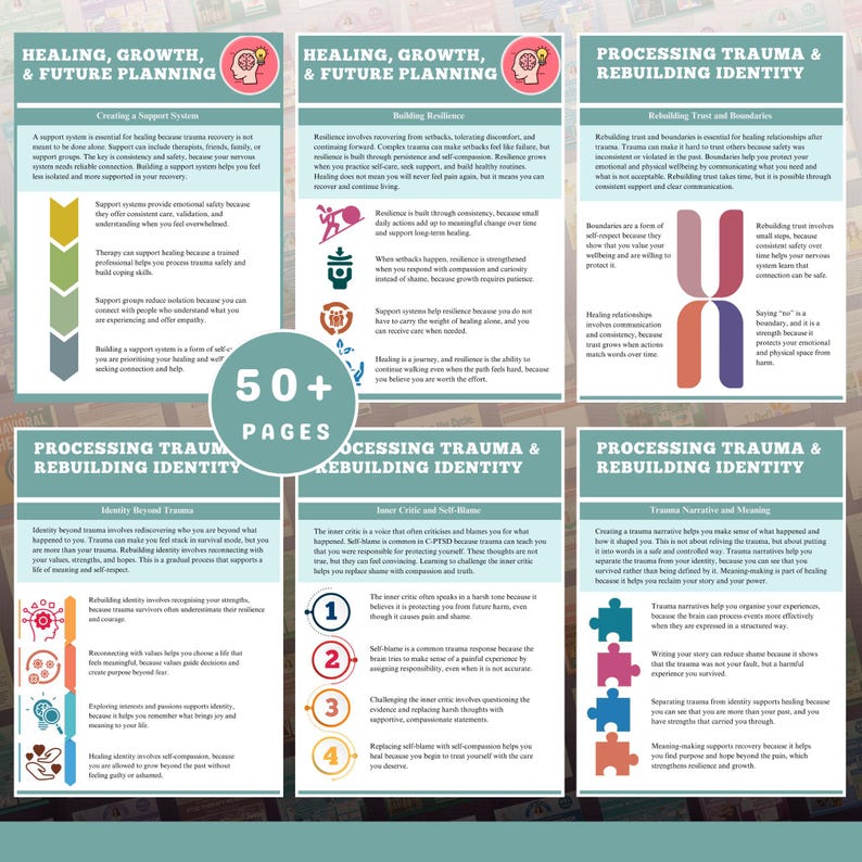 “Complex PTSD workbook cover with calming design and therapeutic theme.”

“Workbook pages showing trauma recovery exercises and reflection prompts.”

“Emotion regulation worksheets for complex trauma healing.”

“Grounding and self-compassion activities in a trauma recovery workbook.”