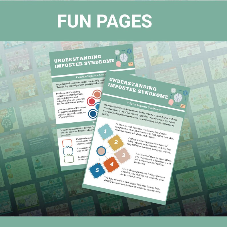 May include: Two printed pages titled "Understanding Imposter Syndrome" with diagrams and text. The pages are on a background of various green and blue patterns. The top page has the text "Fun Pages".