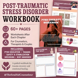 Peut inclure: Un cahier d'exercices sur le trouble de stress post-traumatique de plus de 60 pages avec des fiches, incluant éducation, déclencheurs, sécurité, stabilisation, ancrage et conscience corporelle. La couverture montre une personne se cachant le visage.