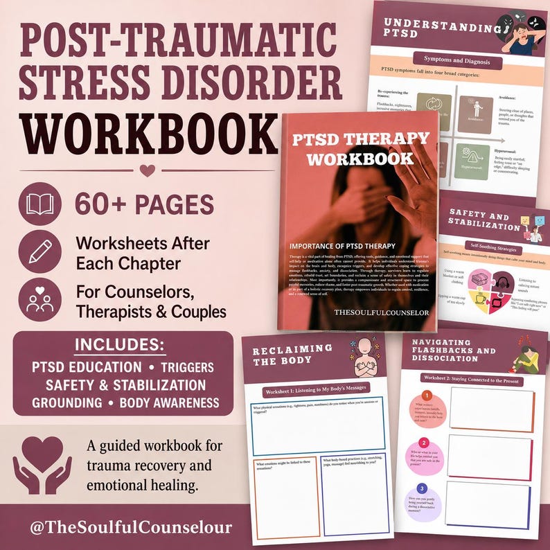 K&ouml;nnte beinhalten: Ein Arbeitsbuch zur posttraumatischen Belastungsst&ouml;rung mit &uuml;ber 60 Seiten, Arbeitsbl&auml;ttern und Themen wie Aufkl&auml;rung, Ausl&ouml;ser, Sicherheit, Stabilisierung, Erdung und K&ouml;rperbewusstsein. Das Cover zeigt eine Person, die ihr Gesicht verdeckt.