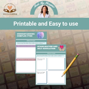 May include: Printable worksheets for therapy, featuring prompts for understanding complex PTSD and self-regulation. The worksheets have a teal and white color scheme, with a pencil in the lower right corner. The text reads "Printable and Easy to use."