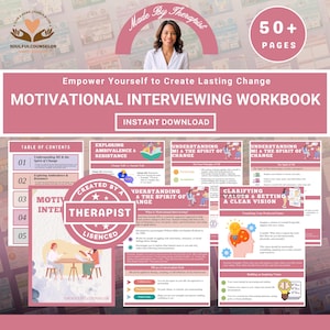 Puede incluir: Un cuaderno de trabajo de entrevista motivacional con el texto "Empower Yourself to Create Lasting Change". La portada presenta la imagen de una mujer y las palabras "Made by Therapist". El cuaderno de trabajo incluye más de 50 páginas y está disponible para descarga instantánea.