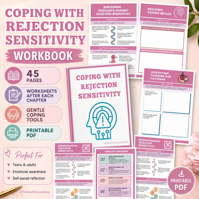 May include: A digital workbook titled Coping with Rejection Sensitivity featuring 45 pages of worksheets, gentle coping tools, and printable PDF files. The layout includes a table of contents, reflection prompts, and sections on identifying triggers.