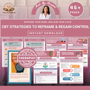 Könnte beinhalten: Ein digitaler Download mit rosa und weißem Design, mit dem Text "CBT Strategies to Reframe & Regain Control". Das Bild enthält ein Foto einer Frau und mehrere Informationsseiten mit Titeln wie "Understanding Automatic Thoughts" und "Behavioral Activation."