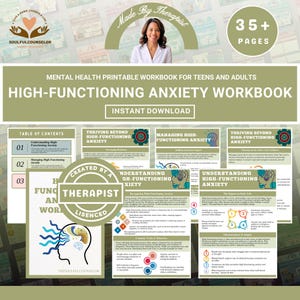 Könnte beinhalten: Ein ausdruckbares Arbeitsbuch zur psychischen Gesundheit für Jugendliche und Erwachsene. Das Cover zeigt den Text "High-Functioning Anxiety Workbook" und "Instant Download". Das Arbeitsbuch umfasst 35+ Seiten und ist "Made By Therapist".