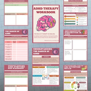 Puede incluir: Un cuaderno de trabajo de terapia para el TDAH con un gr&aacute;fico de cerebro rosa en la portada. El cuaderno de trabajo incluye secciones sobre los conceptos b&aacute;sicos del TDAH, los s&iacute;ntomas, el diagn&oacute;stico y la disfunci&oacute;n ejecutiva. El cuaderno de trabajo tambi&eacute;n incluye secciones sobre el desarrollo del enfoque y las habilidades de atenci&oacute;n.