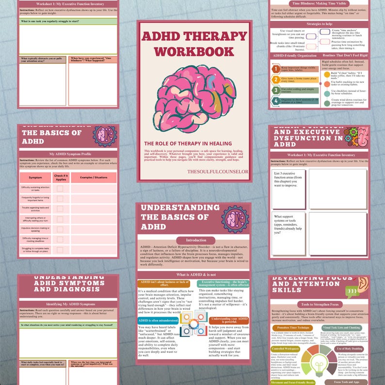 Puede incluir: Un cuaderno de trabajo de terapia para el TDAH con un gr&aacute;fico de cerebro rosa en la portada. El cuaderno de trabajo incluye secciones sobre los conceptos b&aacute;sicos del TDAH, los s&iacute;ntomas, el diagn&oacute;stico y la disfunci&oacute;n ejecutiva. El cuaderno de trabajo tambi&eacute;n incluye secciones sobre el desarrollo del enfoque y las habilidades de atenci&oacute;n.