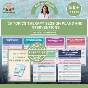 May include: A digital download titled "50 Topics Therapy Session Plans and Interventions." The image features a woman and the text "Made by Therapist." The product includes over 50 pages of therapy session plans. The image also includes the text "Instant Download."