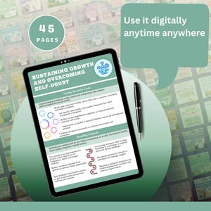 May include: A digital tablet displays a document titled "Sustaining Growth and Overcoming Self-Doubt." The document includes text about setting realistic goals and handling setbacks. A black pen rests beside the tablet. The image also includes the text "Use it digitally anytime anywhere."