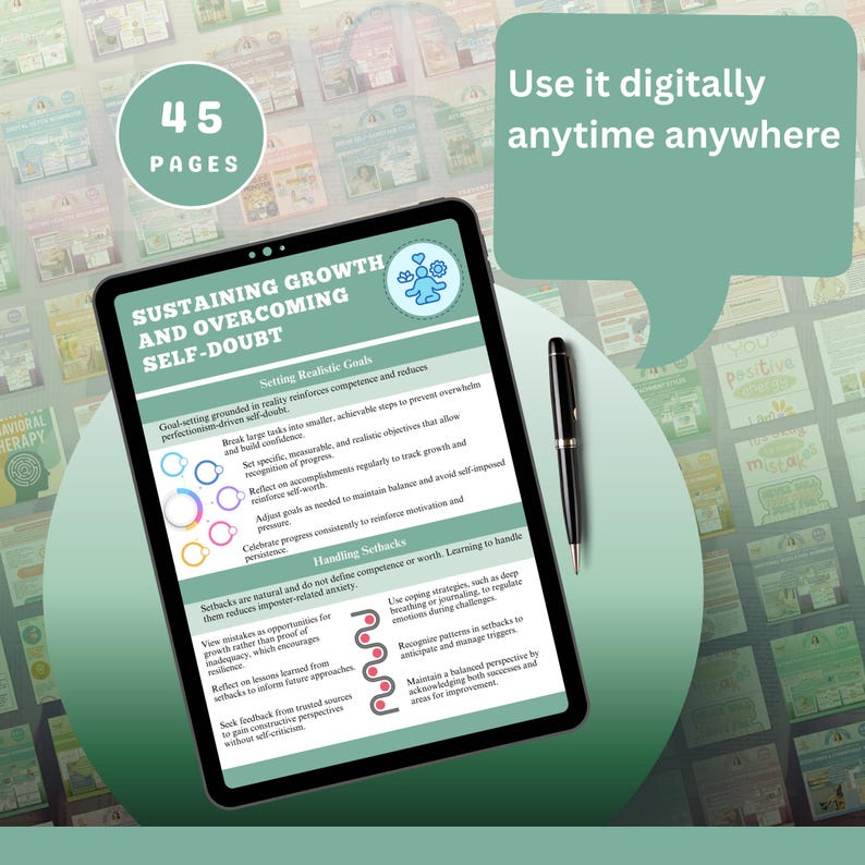 May include: A digital tablet displays a document titled "Sustaining Growth and Overcoming Self-Doubt." The document includes text about setting realistic goals and handling setbacks. A black pen rests beside the tablet. The image also includes the text "Use it digitally anytime anywhere."