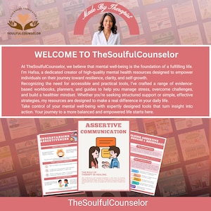 May include: A promotional image for TheSoulfulCounselor, featuring a woman and text. The text includes "WELCOME TO TheSoulfulCounselor" and information about mental well-being resources. The image also displays examples of workbooks and guides.