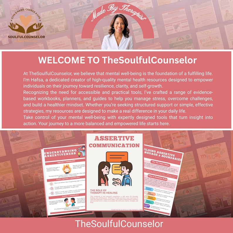 May include: A promotional image for TheSoulfulCounselor, featuring a woman and text. The text includes "WELCOME TO TheSoulfulCounselor" and information about mental well-being resources. The image also displays examples of workbooks and guides.