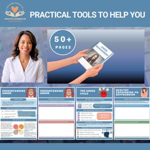 May include: An image promoting "Practical Tools to Help You" for therapy resources. It features a woman, a notebook titled "Anger Management" with over 50 pages, and worksheets on understanding anger, the anger cycle, and healthy expression.