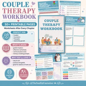 May include: A digital couple therapy workbook featuring 50+ printable pages, including guided chapters, reflection worksheets, and communication tools. The cover displays an illustration of three people sitting on chairs with the title Couple Therapy Workbook.