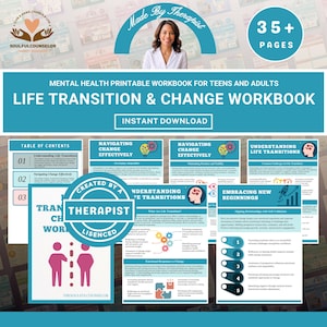 Pode incluir: Um caderno de exercícios imprimível sobre saúde mental para adolescentes e adultos, intitulado "Life Transition & Change Workbook". A capa apresenta a imagem de uma mulher e o texto "Made By Therapist". O caderno inclui 35+ páginas e está disponível para download imediato.