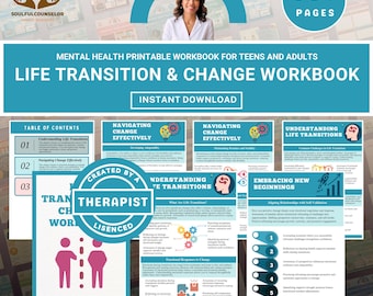 Peut inclure: Un cahier d'exercices imprimable sur la santé mentale pour adolescents et adultes, intitulé "Life Transition & Change Workbook". La couverture présente une image de femme et le texte "Made By Therapist". Le cahier contient 35+ pages et est téléchargeable instantanément.