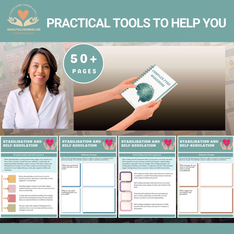 “Complex PTSD workbook cover with calming design and therapeutic theme.”

“Workbook pages showing trauma recovery exercises and reflection prompts.”

“Emotion regulation worksheets for complex trauma healing.”

“Grounding and self-compassion activities in a trauma recovery workbook.”