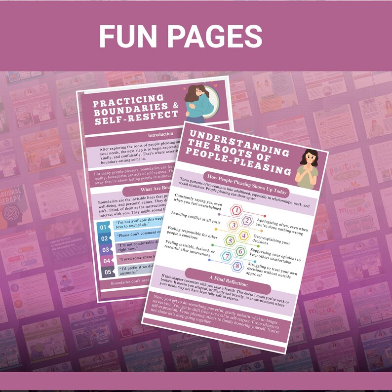 May include: A colorful image with the text "FUN PAGES" at the top. Two pages are visible, one titled "PRACTICING BOUNDARIES & SELF-RESPECT" and the other "UNDERSTANDING THE ROOTS OF PEOPLE-PLEASING". The pages contain text and illustrations.