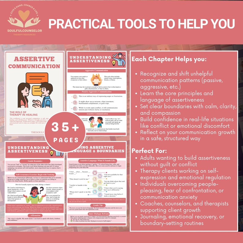 assertive communication workbook, how to be assertive printable, communication skills workbook, adult therapy worksheets, assertiveness therapy, printable communication journal, set boundaries workbook, learn to say no, speak up therapy tool, therapist resource communication, trauma informed communication, self help workbook for adults, social skills printable, printable mental health workbook, emotional expression journal