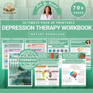 May include: A printable depression therapy workbook with the text "Ultimate Pack of Printable Depression Therapy Workbook" and "Instant Download." The cover features a woman and the text "Made by Therapist." The workbook includes sections on emotional regulation and self-soothing tools.