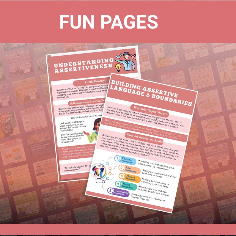 May include: Two educational pages titled "Understanding Assertiveness" and "Building Assertive Language & Boundaries" are displayed. The pages feature text and diagrams about communication and boundaries. The top of the image reads "FUN PAGES".