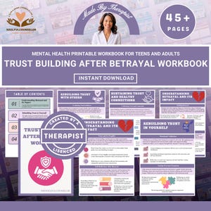 Könnte beinhalten: Ein druckbares Arbeitsbuch für psychische Gesundheit für Jugendliche und Erwachsene mit dem Titel "Trust Building After Betrayal Workbook". Das Cover zeigt das Bild einer Frau und den Text "Made by Therapist". Das Arbeitsbuch hat 45+ Seiten und ist sofort zum Download verfügbar.