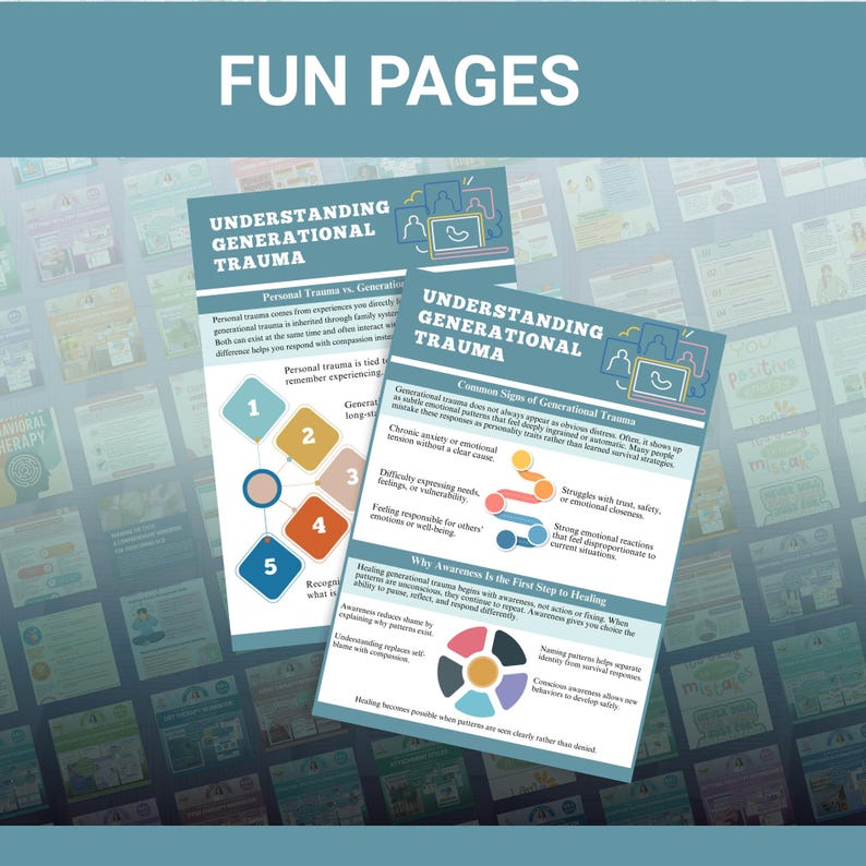 May include: Two informational pages titled "Understanding Generational Trauma" with diagrams and bullet points. The pages are light blue with white text and graphics. The top of the image reads "FUN PAGES".