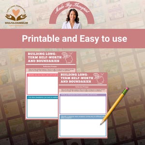 May include: Two printable worksheets with the text "BUILDING LONG-TERM SELF-WORTH AND BOUNDARIES" and "Reflection Prompts." The image also includes a pencil and the text "Printable and Easy to use."