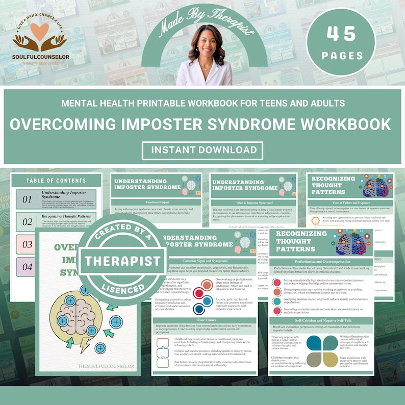 Cover image of Overcoming Imposter Syndrome Workbook with calming colors

Sample chapter pages showing reflective worksheets for teens and adults

Printable PDF workbook for challenging self-doubt and building confidence

Therapeutic guide for recognizing and reframing imposter feelings

Workbook for cultivating self-worth, affirmations, and resilience