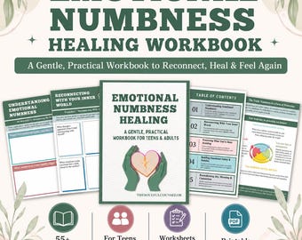 Puede incluir: Un libro de ejercicios digital titulado Emotional Numbness Healing con una portada que muestra dos manos verdes sosteniendo un corazón. El libro incluye páginas sobre la comprensión del entumecimiento emocional y un índice.